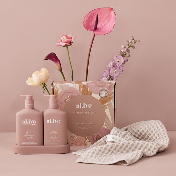 AL.IVE Wash & Lotion Duo + Waffle Towel Gift Set ~ Raspberry Blossom & Juniper