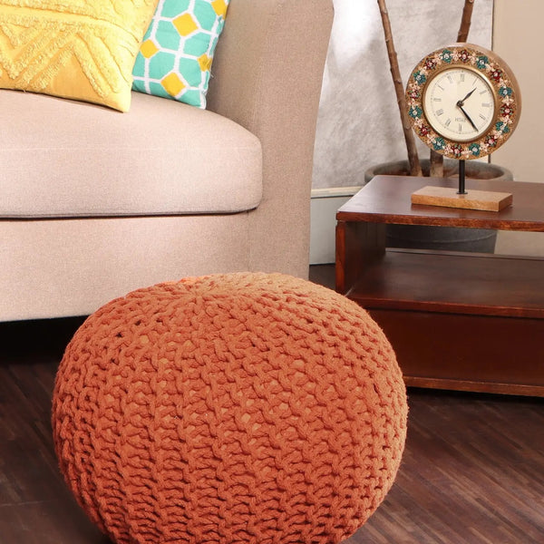 Red hand knitted ottoman pouf