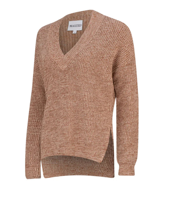 MAXTED Brown Twist V-neck Ribbed Pullover
